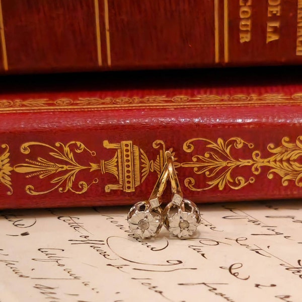 Antique Victorian French 18k Solid Gold Rose Cut Diamonds Earrings Dormeuse Leverback