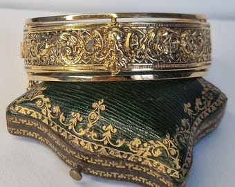 Antique French Victorian Openwork Silver Gilded Bangle Bracelet Grotesque Pattern
