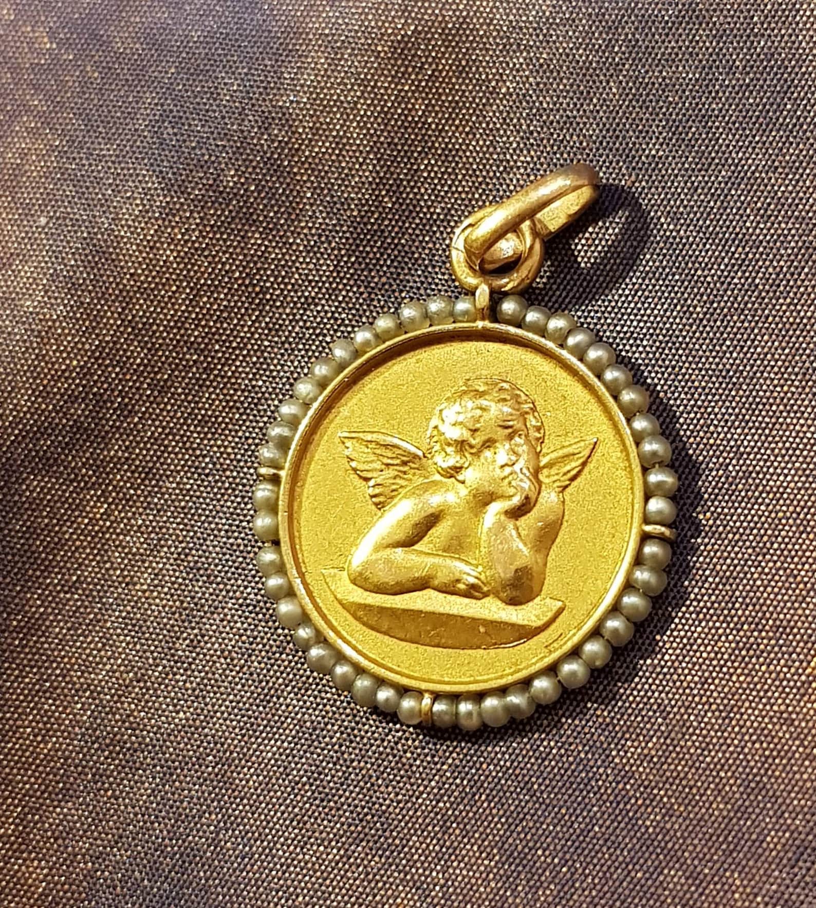 Antique French 18k Solid Gold Angel Medal Pendant Charm Etsy