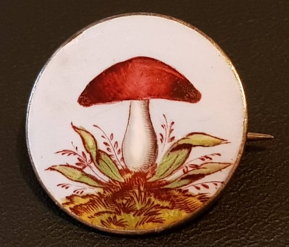 Antique Art Nouveau Enamel Silver Brooch Mushroom
