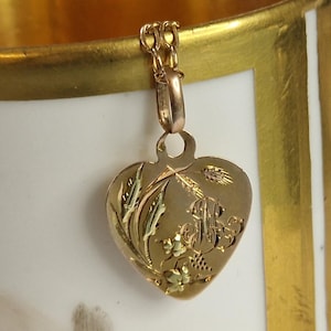 Puede incluir: Colgante dorado en forma de corazón con diseños grabados de flores y trigo, suspendido de una delicada cadena dorada. El colgante presenta detalles intrincados y un acabado pulido, mostrando una estética vintage.