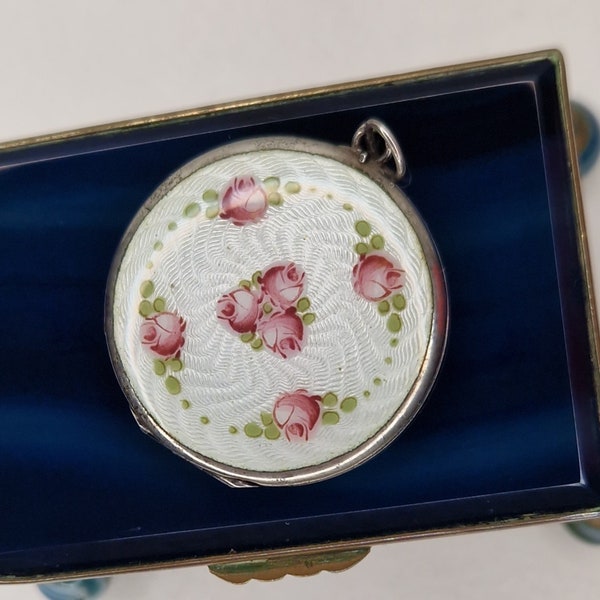 Antique French Silver Guilloche Enamel Photo Locket Pendant Roses Pattern