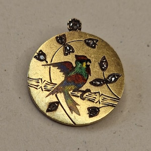 Antique French 18k Solid Gold Enamel Parrot Rose Cut diamonds Charm Pendant Transformation