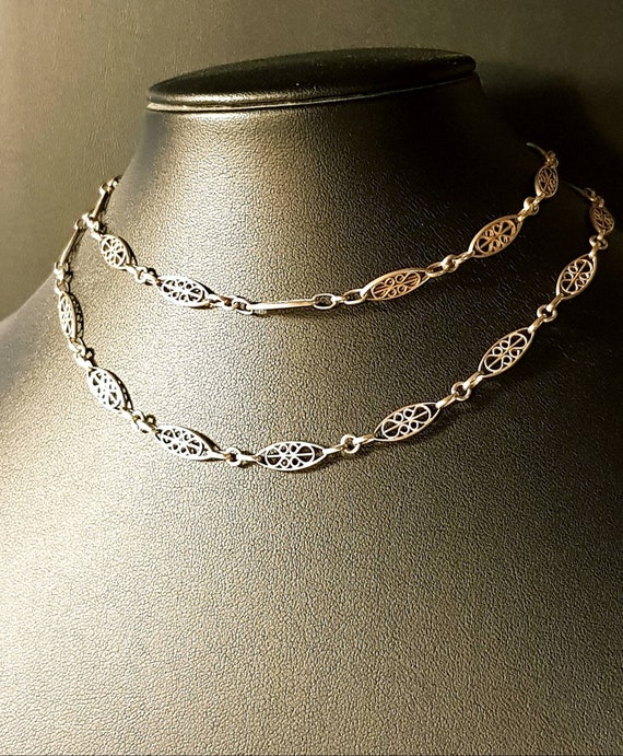Edwardian French antique Silver Filigree Chain Nec