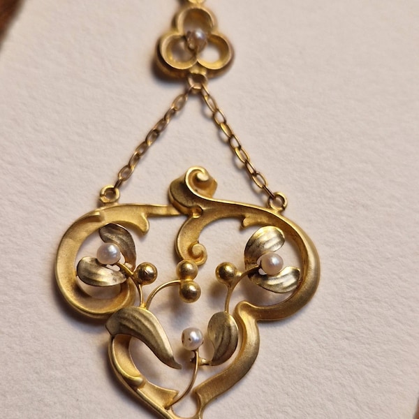 Antique Art Nouveau French 18k Solid Gold Mistletoe Pendant With Natural Pearls