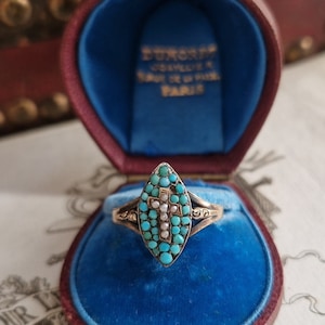 Antique French Early Victorian 18k Solid Gold Pave Set Turquoise with Cross Natural Pearl Navette Ring
