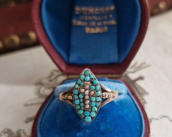 Antique French Early Victorian 18k Solid Gold Pave Set Turquoise with Cross Natural Pearl Navette Ring