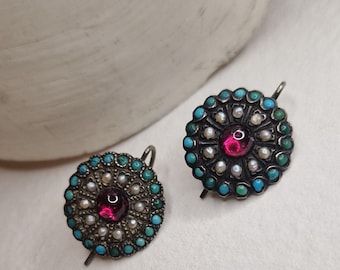 Antique Silver Earrings Foiled Garnet Cabochon Turquoise and Pearls Transformation