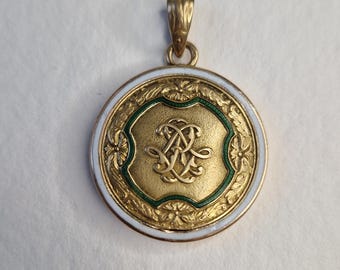 Antique French 18k Solid Yellow Gold White and Green Enamel Wedding Locket Pendant 18.19 Grams N2