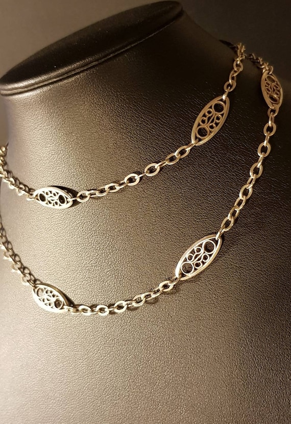 Edwardian French antique Silver Filigree Chain Nec