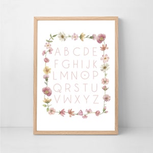 Póster ABC - Flores que caen, póster del alfabeto, impresión de sala de juegos, impresión para niños, póster de aprendizaje, impresión de guardería, impresiones de gitls