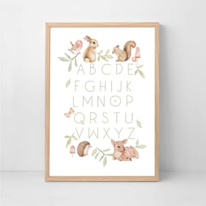 Abc Poster - Woodlands, póster del alfabeto, arte de pared de la sala de juegos, carteles de aprendizaje, impresiones para niños, impresión de guardería, impresión de género neutro,