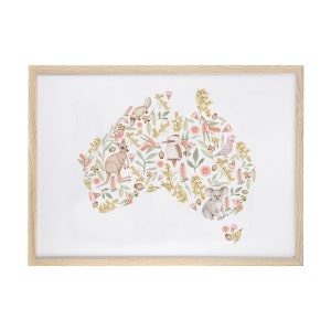 May include: A watercolor illustration of the continent of Australia, outlined with native Australian flora and fauna. The illustration features a koala, kangaroo, kookaburra, echidna, and a pink galah.