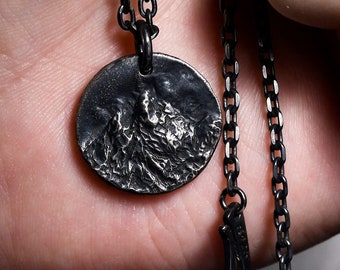 Hand-Carved Mountain Pendant: Oxidized Sterling Silver Necklace
