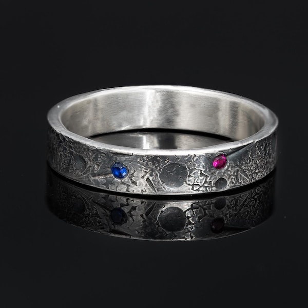 Moon and Stars Ring with Two Birthstones, Couples and Family Band