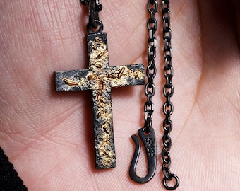 Black Silver & Solid 18k Gold Fusing Lava Rustic Silver Cross Man's Necklace/Black Rustic Handmade masculine cross Pendant