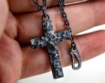 Handmade Rustic Cross Pendant in Oxidized Sterling Silver, Minimalist Religious Jewelry for Men