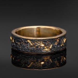 Gold Black Oxidized Lava Texture Ring, Rustic Silver Wedding Band with Molten Surface, Handmade Design for Men and Women