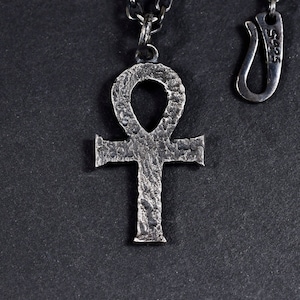Silver Egyptian Ankh Cross Man&#39;s Necklace/ Black Rock Texture Rustic Handmade Cross Pendant