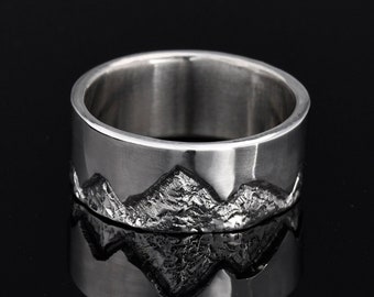 Personalized Mountain Ring: Oxidized Sterling Silver Viking Wedding Band
