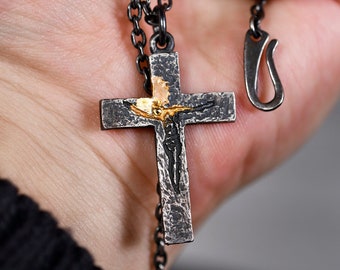 Oxidized Silver &  Gold Crucifix Pendant: Handmade Religious Necklace