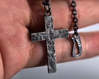 Rustic Cross Pendant Necklace with Rock Texture, S925 Religious Jewelry