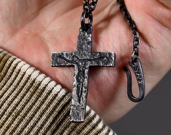 Oxidized Silver Cross Man's Necklace with a Jesus figure/Black Rustic Handmade masculine cross Pendant/Anniversary/Birthday Gift For Man