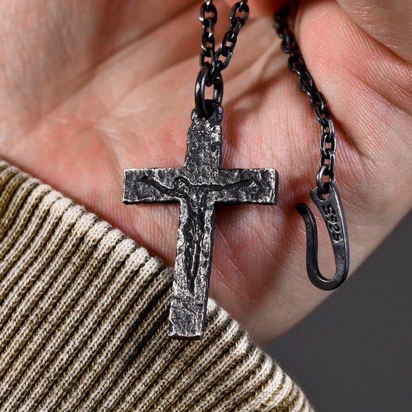 Oxidized Silver Cross Man's Necklace with a Jesus figure/Black Rustic Handmade masculine cross Pendant/Anniversary/Birthday Gift For Man