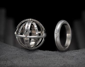 Personalized Astronomical Ring With 2 Birthstones, an Engraved