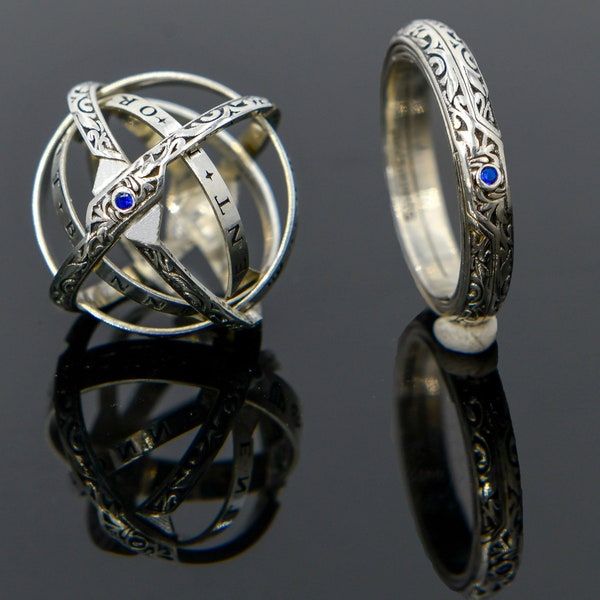 Astronomical Sphere Ring with two birthstones, Celestial Vintage Style Gift