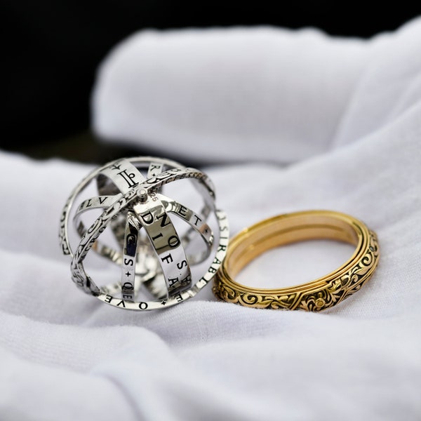 Personalized Gold Astronomical Sphere Ring, Foldable Pendant with Engraved Details