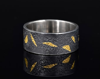 Chunky Silver Ring with 24k Gold Keum Boo, Wide 8mm Oxidized Band for Men