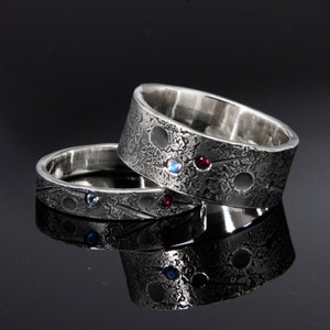 Personalized Birthstone Celestial Viking Wedding Ring Set - Rustic Engagement & Family Jewelry