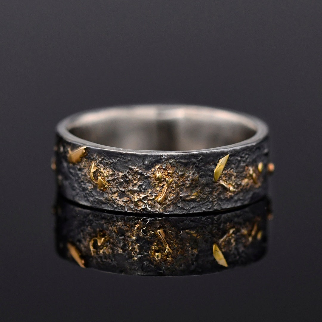 Black Silver & Solid 18k Gold Fusing Lava Rustic Engagement Ring 6MM