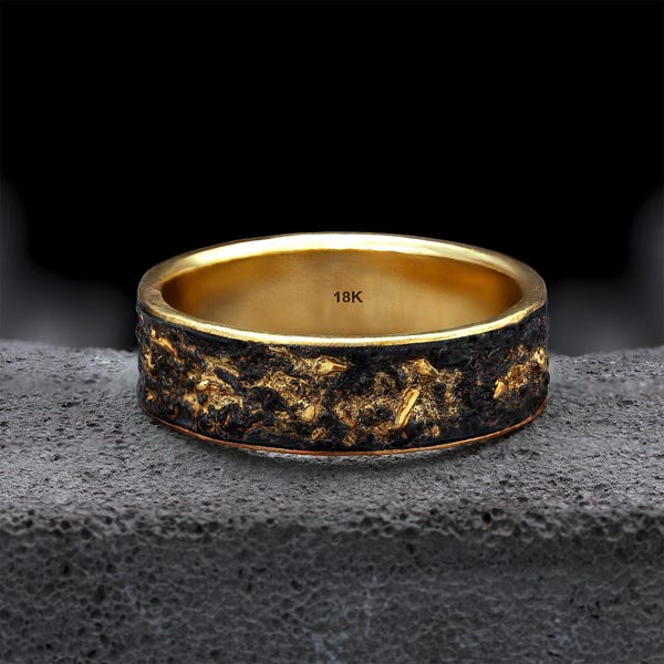 Mixed Metal Wedding Band in 18k Gold and Oxidized Silver with Lava Texture