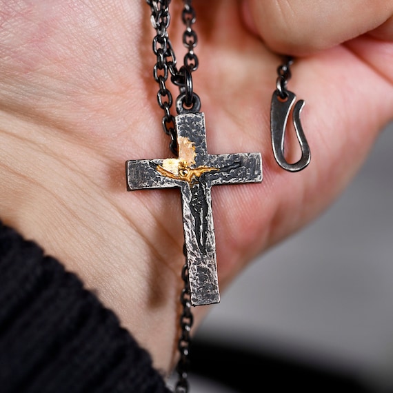 Black Silver Gold Jesus Cross Necklace for Men Rustic Handmade Cross Pendant Anniversary birthday Gift Etsy