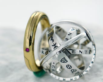Foldable Dual Birthstone Astronomical Sphere Ring - Personalized Couple Jewelry & Space Pendant