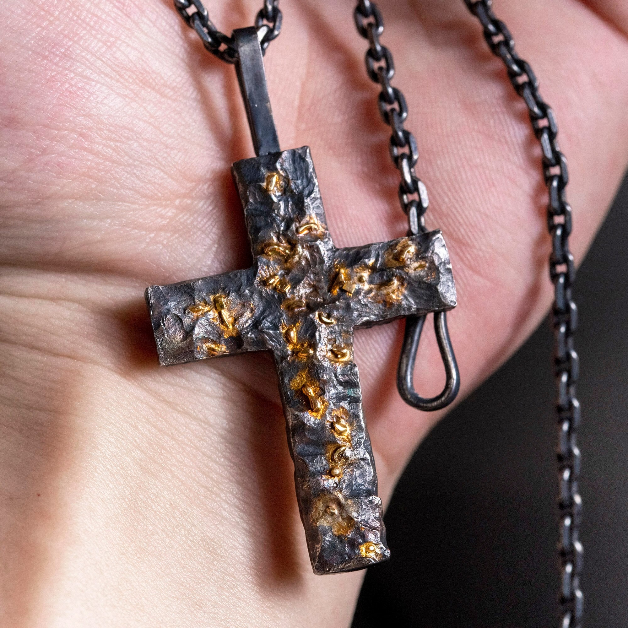 Handmade Black Lava Cross Necklace: S925 & 18K Gold Fusing