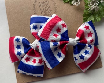 Two 4th Of July Hair Bows Red White And  Blue Stars And Stripes Pigtail Bows 