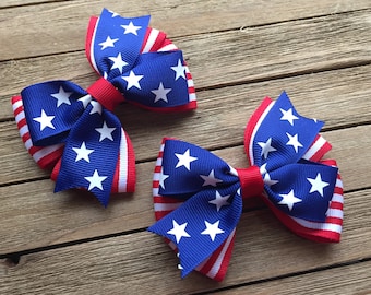 Cutest 4th of July Hair Bows in Stars and Stripes Ribbon , Set of Two