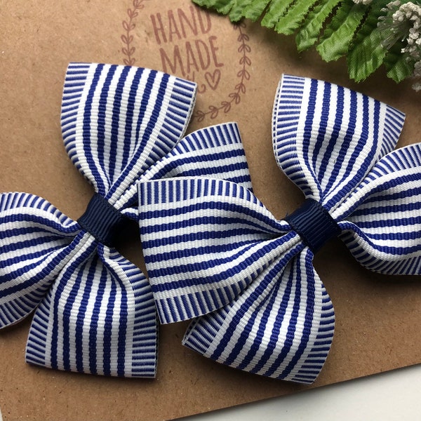 Navy Hair Bows , Striped Navy Hair Bows , Navy and White Bows , Set of Two Bows , Navy Blue Hair Bows ,  Pigtail Bows , Hair Bows for Girls