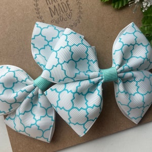 Aqua Pigtail Bow Set , Aqua Quatrefoil patterned  Hair Bows , Set of Two Aqua Pigtail Hair Bows,  Aqua Hair Clips