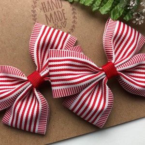 Red Pigtail Bow Set , Red Striped Hair Bows , Red and White Bows , Set of 2 Bows , Summer Hair Bows ,  Pigtail Bows , Hair Bows for Girls