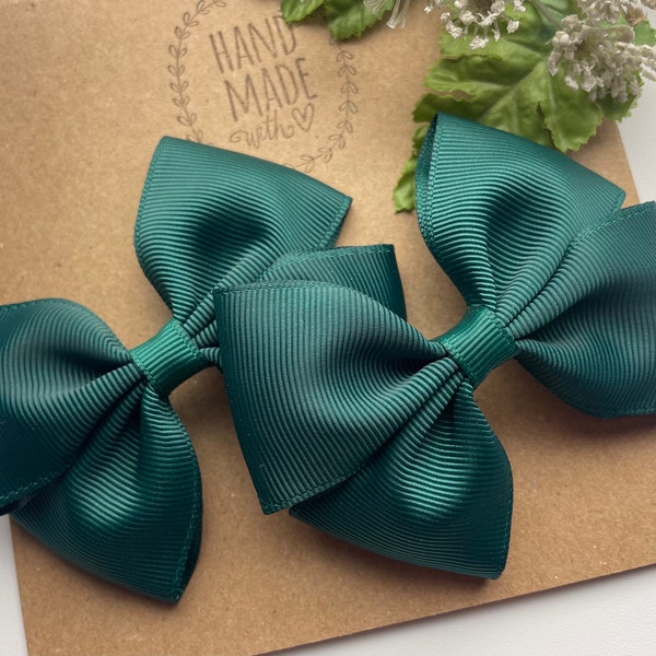 Hunter Green Pigtail Hair Bows , Set of 2 Hair bows for Girls , Green Hair Bows , Other Colors Available