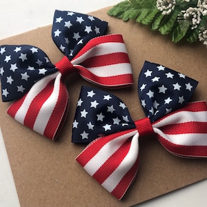 Patriotic Hair Bows , Set of 2 Stars and Stripes Pigtail Hair Bows, 4th of July  Red White and Navy  Blue Hair Bows