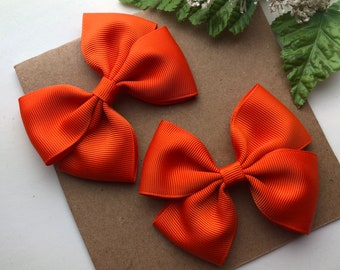 Orange Hair Bows | 3” Boutique Pigtail Bows | Hair Clips for Girls | No-Slip Alligator Clips | Spring and Summer | Set of Two