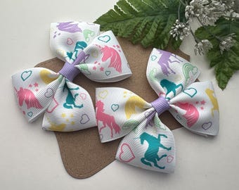 Unicorn Hair Bows Set of 2 three inch Pigtail Bows