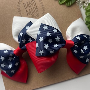 July 4th Hair Bows , Red White and Stars Pigtail Bows , Patriotic Hair Bows ,Pigtail Hair Bow Set