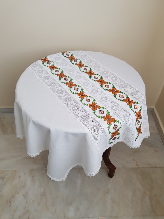 Linen Tablecloth Cross Stitch Pattern Rectangle Tablecloth Etsy