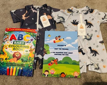 Kit Infantil – 2 Maiôs de Dinossauro + 2 Livros de Colorir (12–18 Meses)